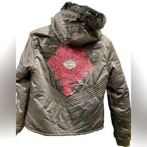 Harley-Davidson Black Down Puffer Jacket w/Rabbit Fur Trimmed Hood